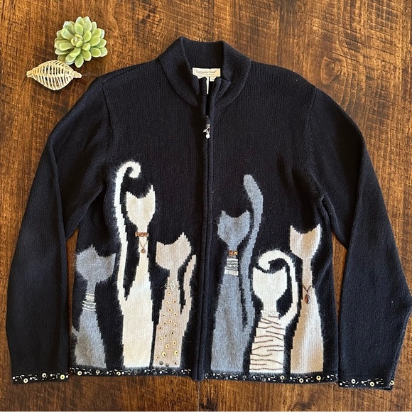 Coldwater Creek | Black Zip Cardigan w/Bejeweled/Sequinned Cat Graphics, Size 1X - Picture 1 of 10
